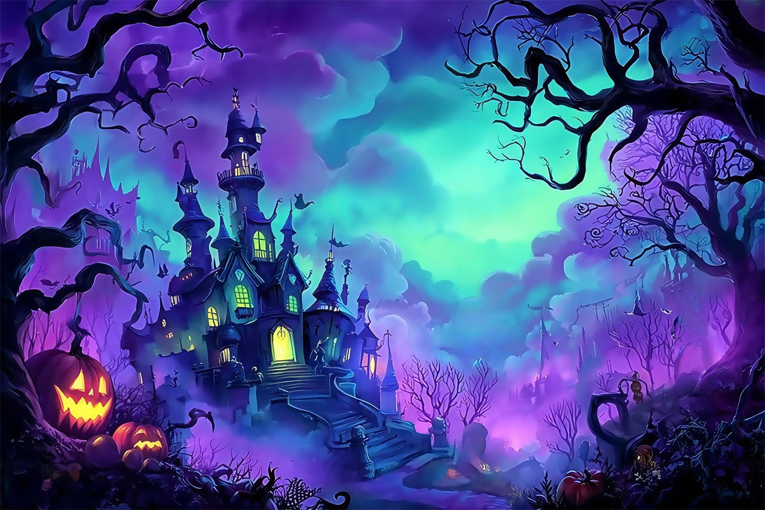 Toile de fond photo halloween Château Forêt Brume Citrouille MRR8-11