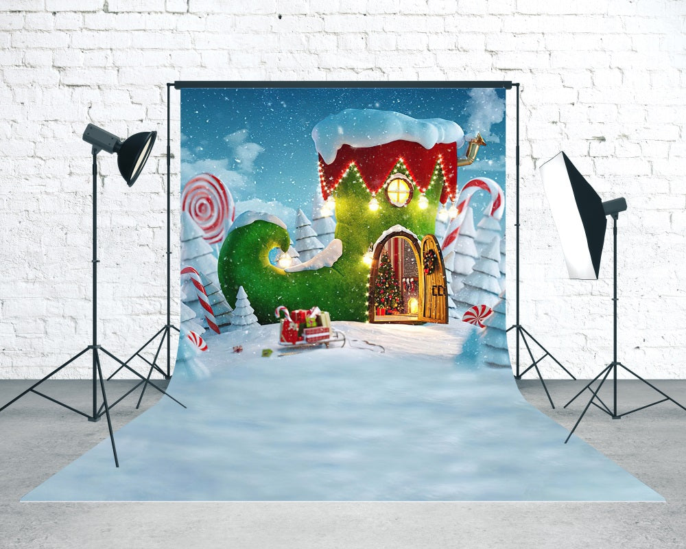 Toile de fond Noël Chalet Féérique Bottes Vertes MRR8-117