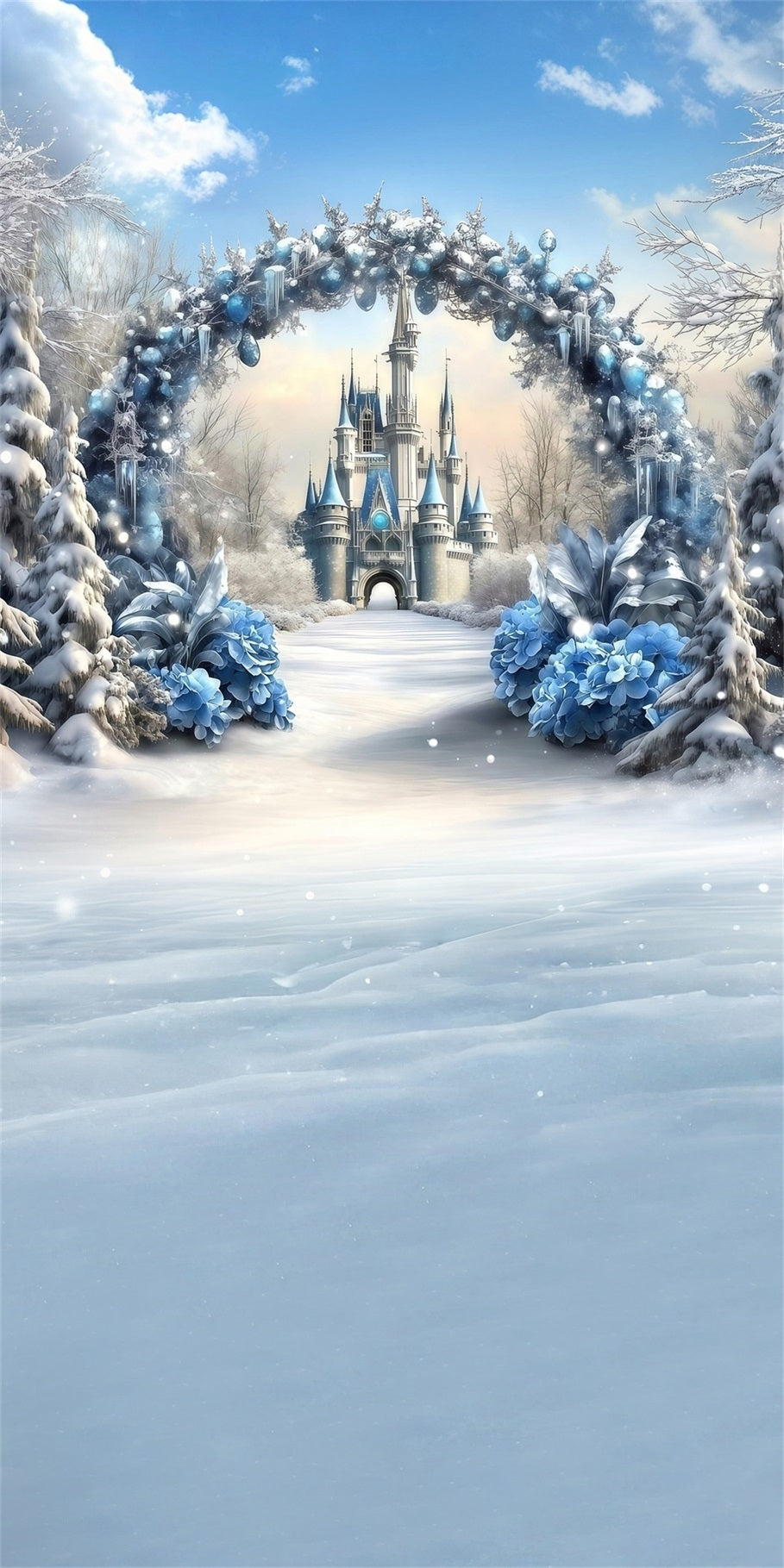 Toile de fond photo Noël Entrée Château et Arche Fleur Bleues MRR8-119
