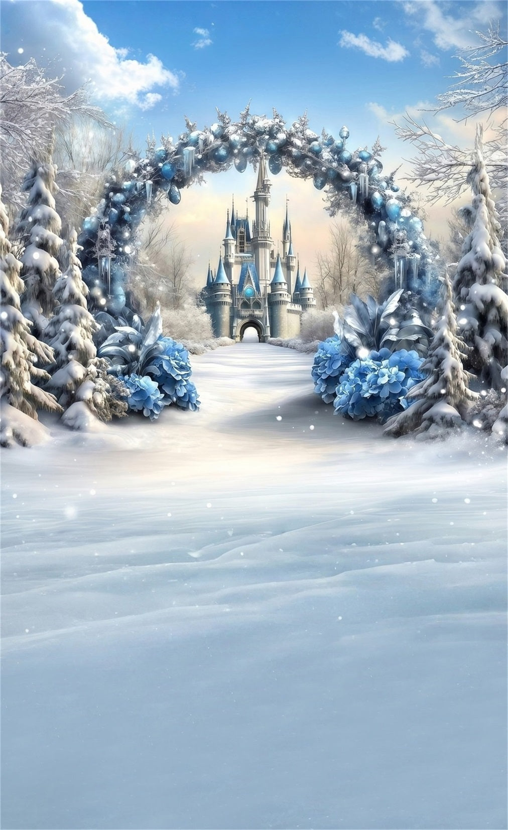 Toile de fond photo Noël Entrée Château et Arche Fleur Bleues MRR8-119