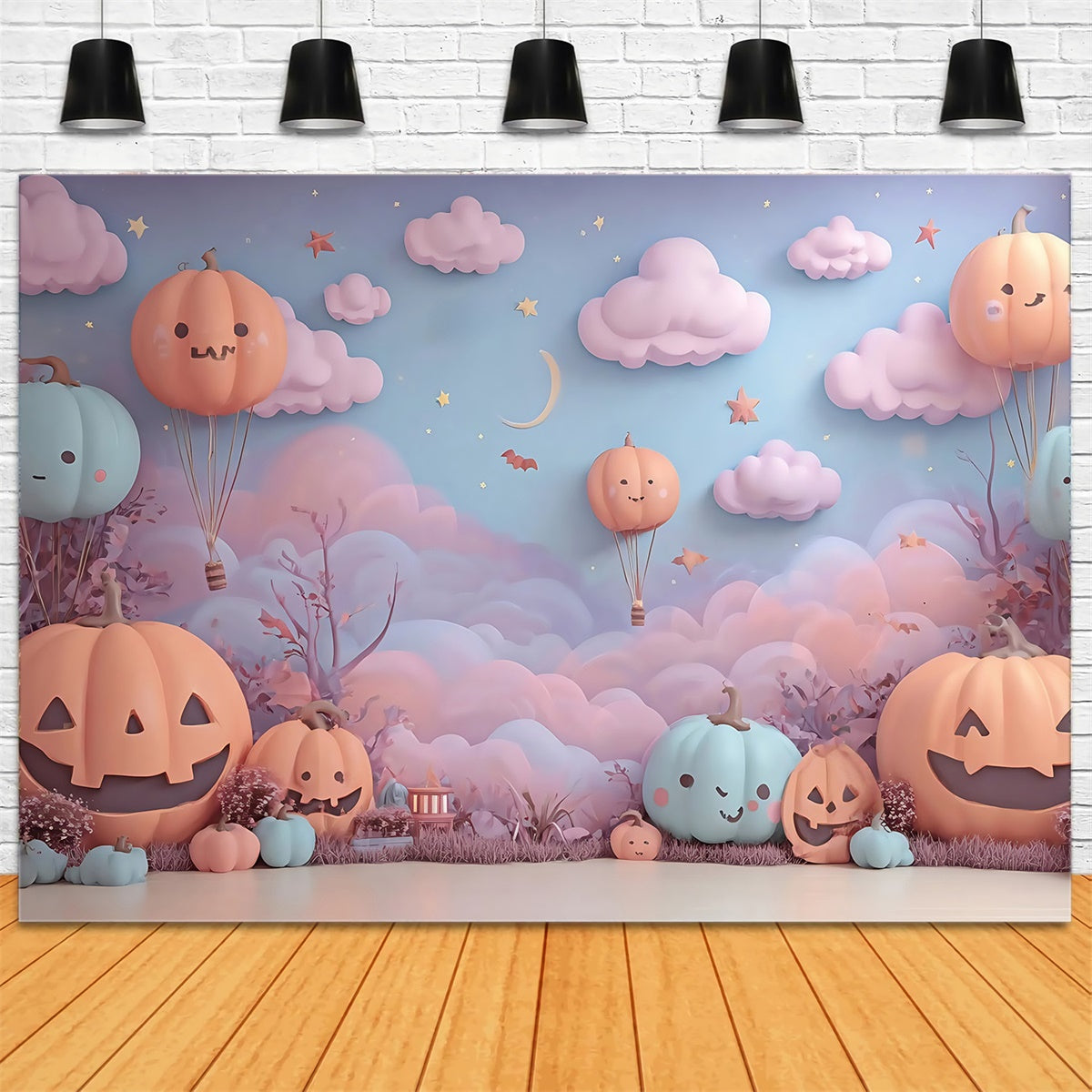 Fond studio halloween Montgolfière Citrouille Nuages Enfants MRR8-12