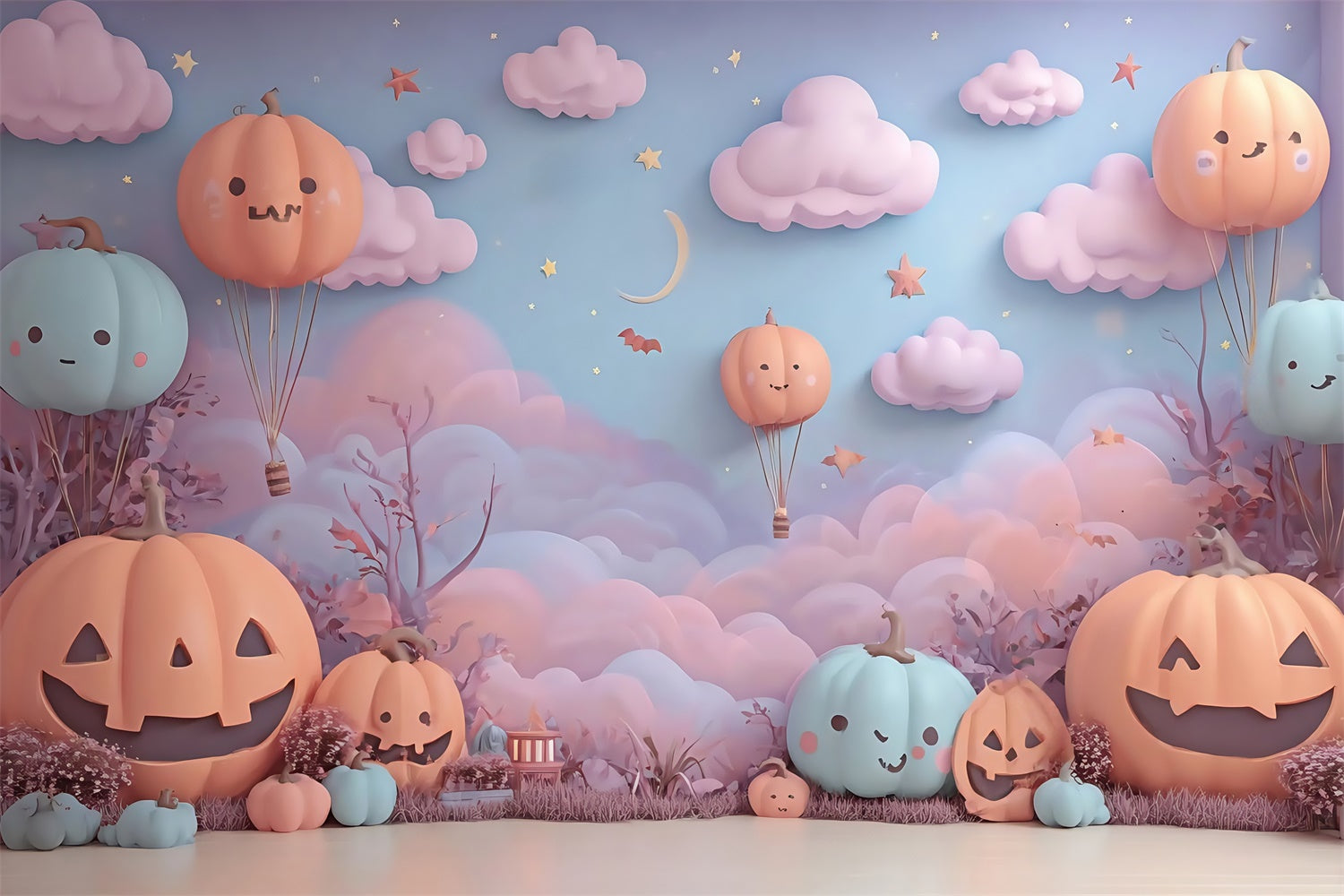 Fond studio halloween Montgolfière Citrouille Nuages Enfants MRR8-12