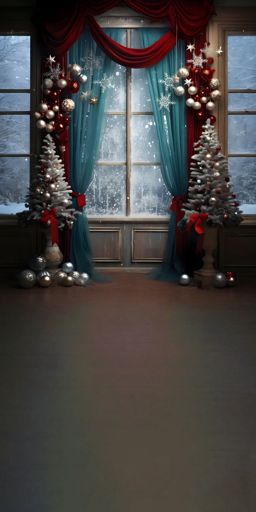 Toile de fond photo Noël Rideaux Bleus et Fenêtre Enneigée MRR8-121
