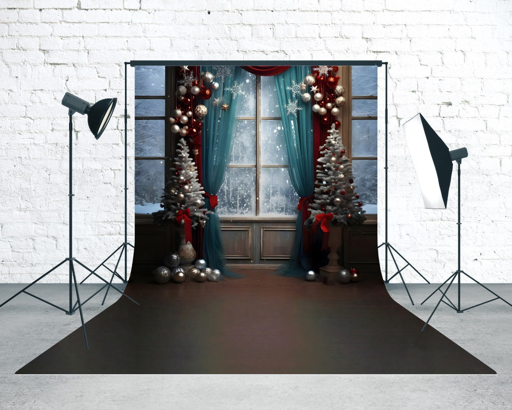 Toile de fond photo Noël Rideaux Bleus et Fenêtre Enneigée MRR8-121