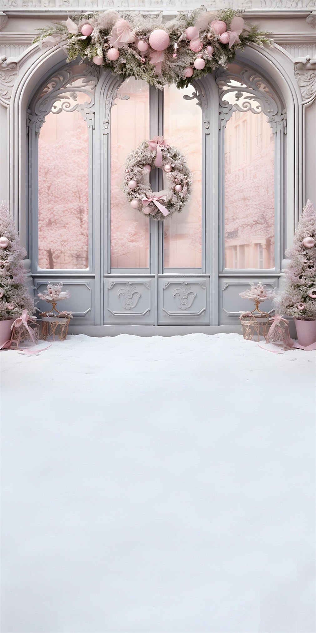 Toile de fond Noël Porte Vitrée et Couronne Rose MRR8-124
