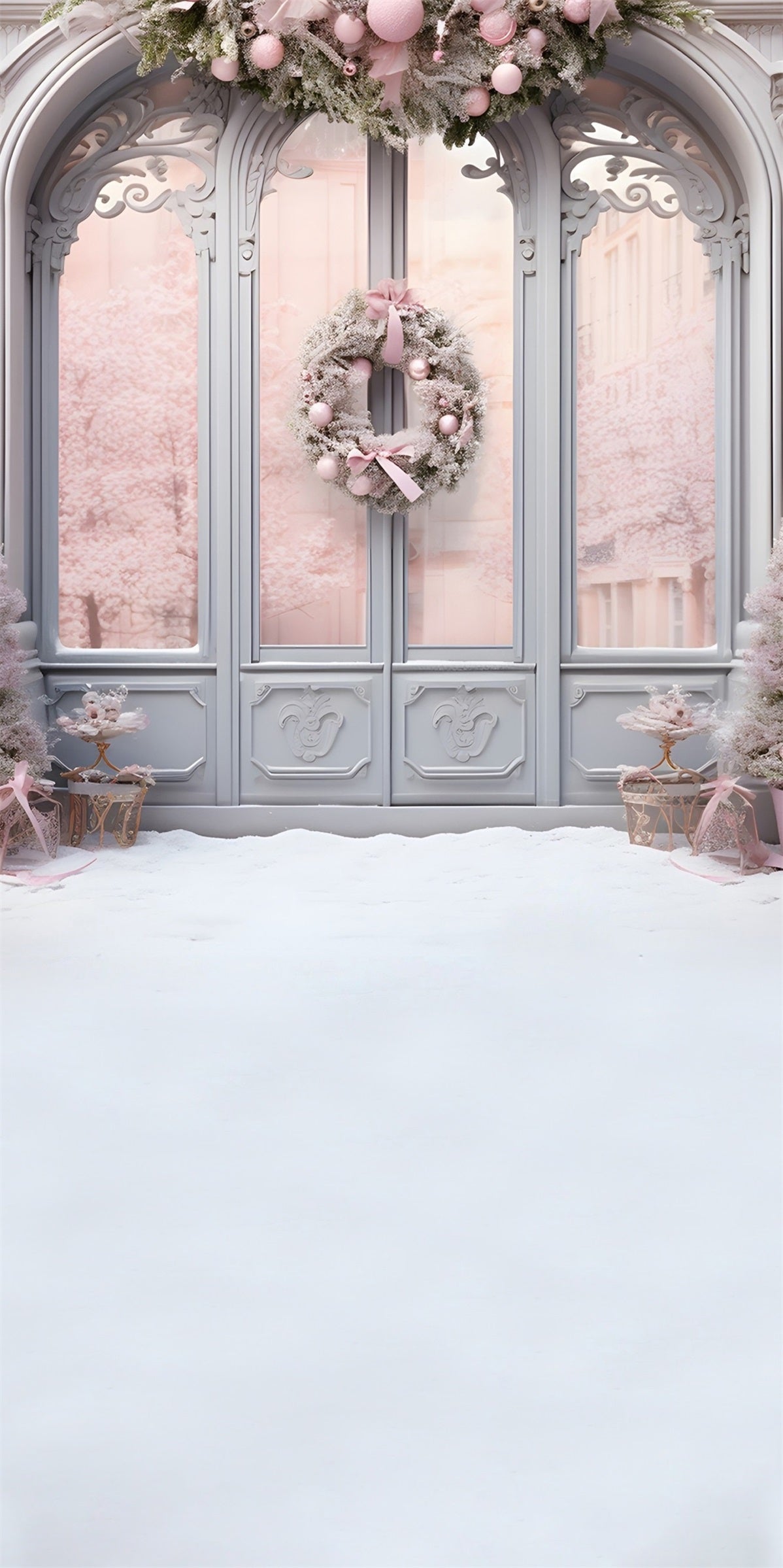 Toile de fond Noël Porte Vitrée et Couronne Rose MRR8-124