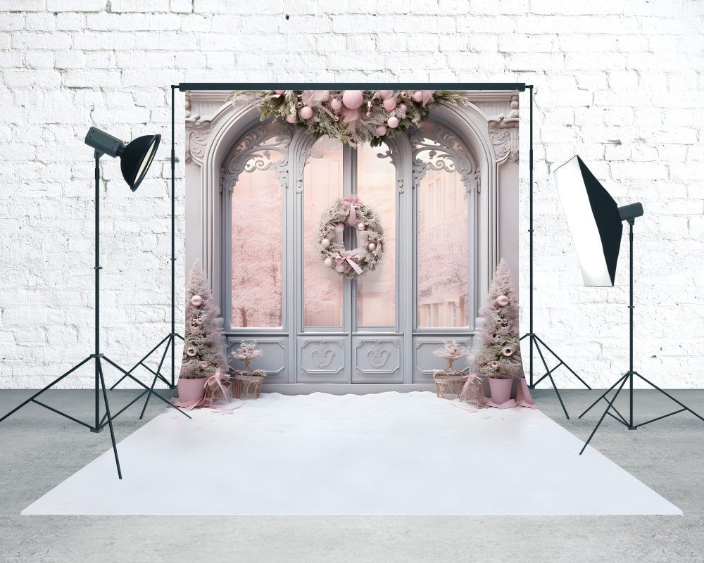 Toile de fond Noël Porte Vitrée et Couronne Rose MRR8-124