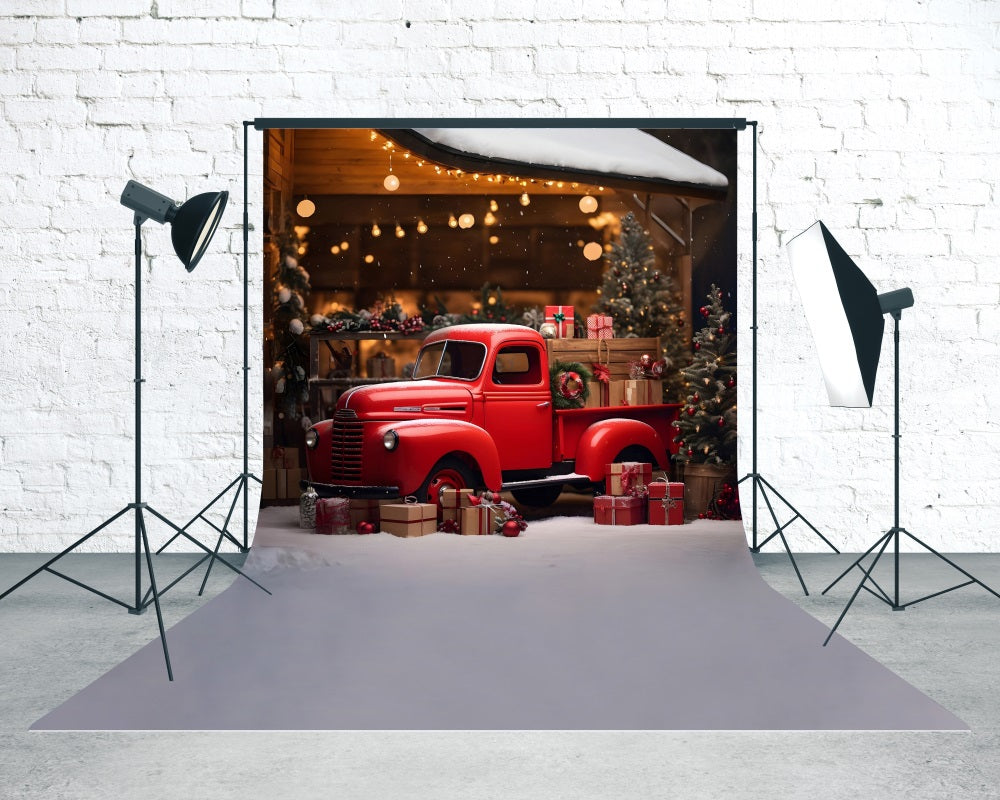 Toile de fond Noël Camion Cadeaux Rouge Vintage sous Avant-toit MRR8-127