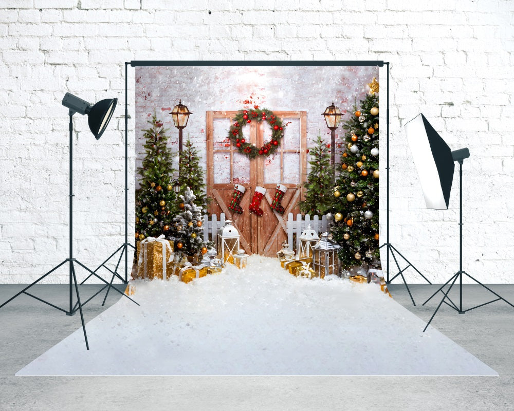 Toile de fond photo Noël Porte Bois Enneigée Classique MRR8-128
