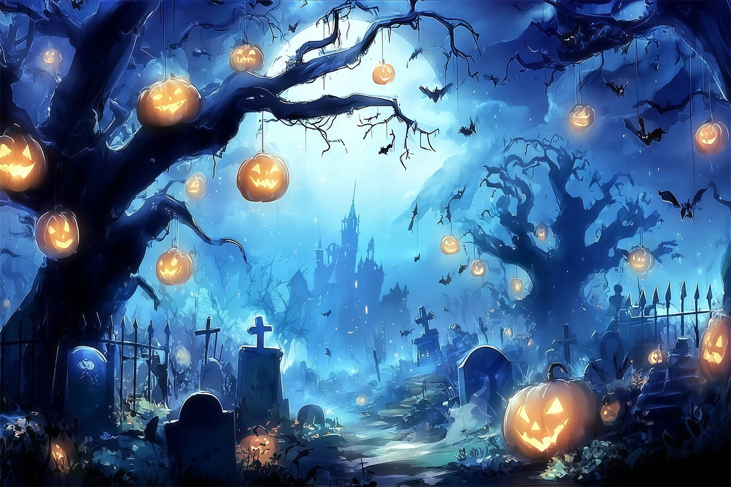 Fond de photo halloween Lustre Citrouille Forêt Château MRR8-13