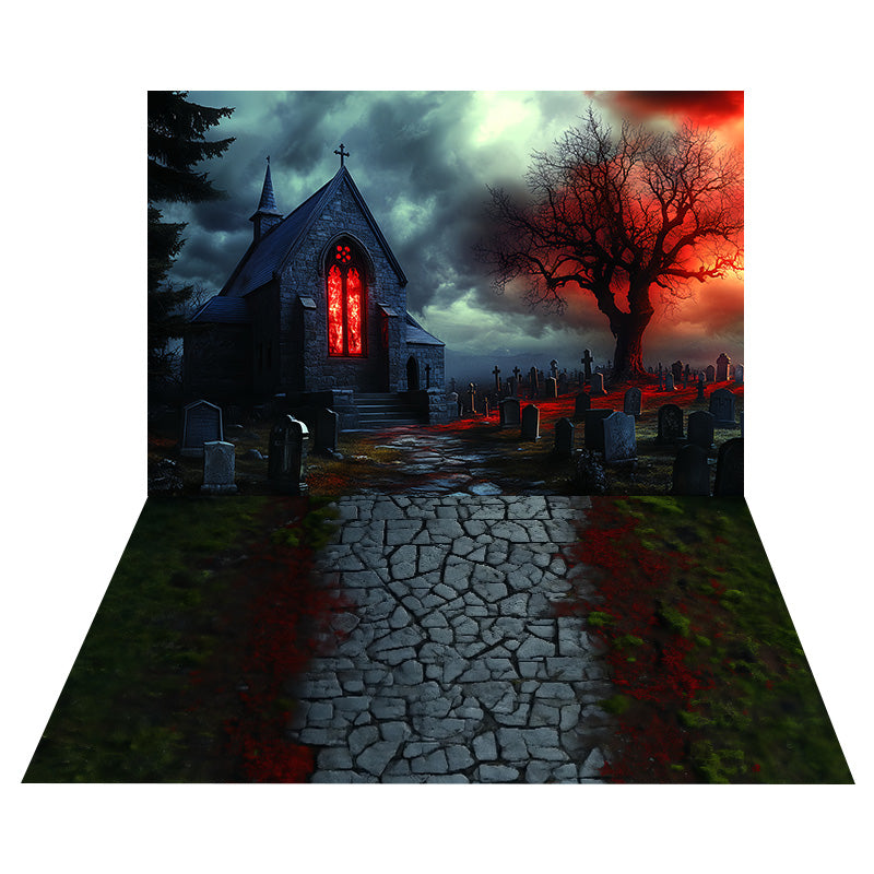 Toile de fond Cimetière Hanté Effrayant + Sol Sentier de Pierre MRR8-131