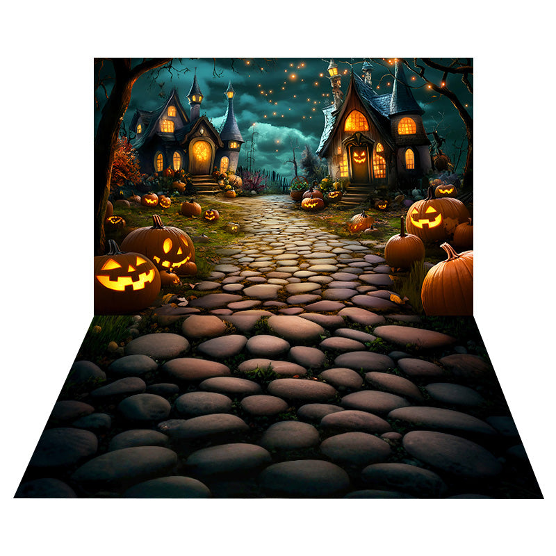 Toile de fond Village aux Lanternes Citrouilles + Sol Pavés de Pierre MRR8-133