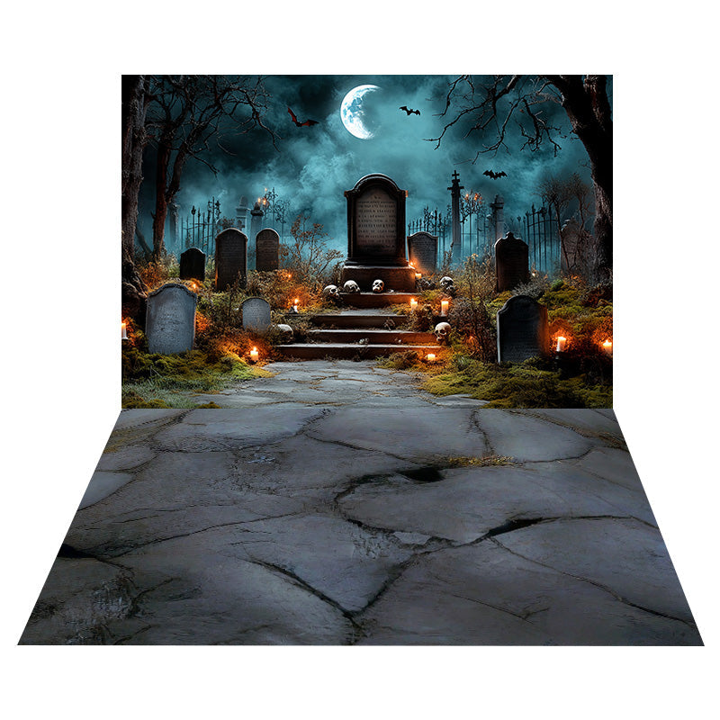 Toile de fond Ombres de Cimetière aux Bougies + Sol Pierre Fissurée MRR8-136