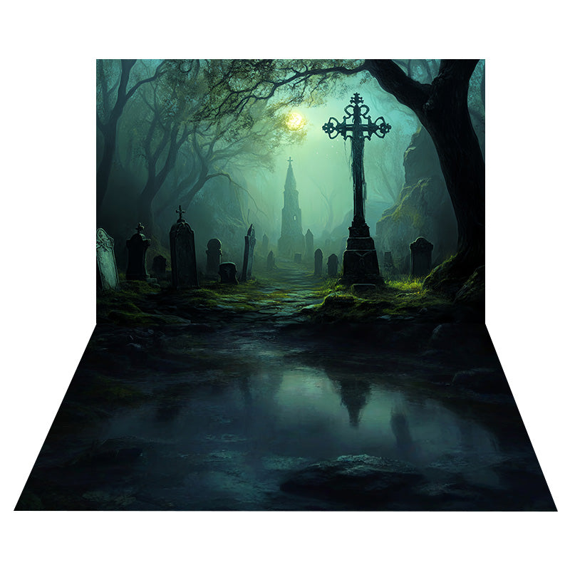 Toile de fond Cimetière Forêt Brumeuse + Sol Reflets Brumeux MRR8-138