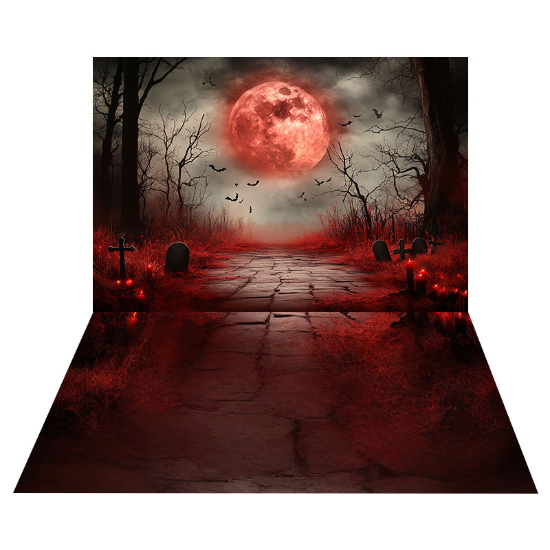 Toile de fond Cimetière au Clair de Lune Halloween + Sol Pierre Rouge Fissurée MRR8-139