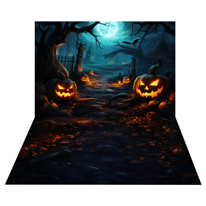 Toile de fond Cimetière Lune Citrouille + Sol Feuilles Sombres MRR8-143