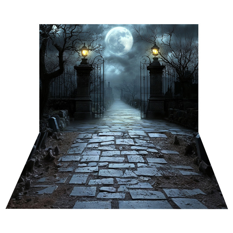 Toile de fond Porte de Cimetière Clair de Lune + Sol Pierre de Brique MRR8-145