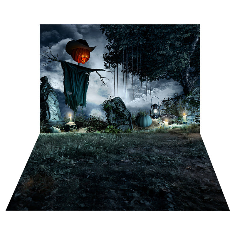 Toile de fond Cimetière Épouvantail Citrouille + Sol Feuillage d’Herbe Lugubre MRR8-149