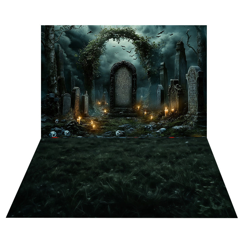 Toile de fond Arche Vieilles Pierres Tombales + Sol Prairie Vert Foncé MRR8-150