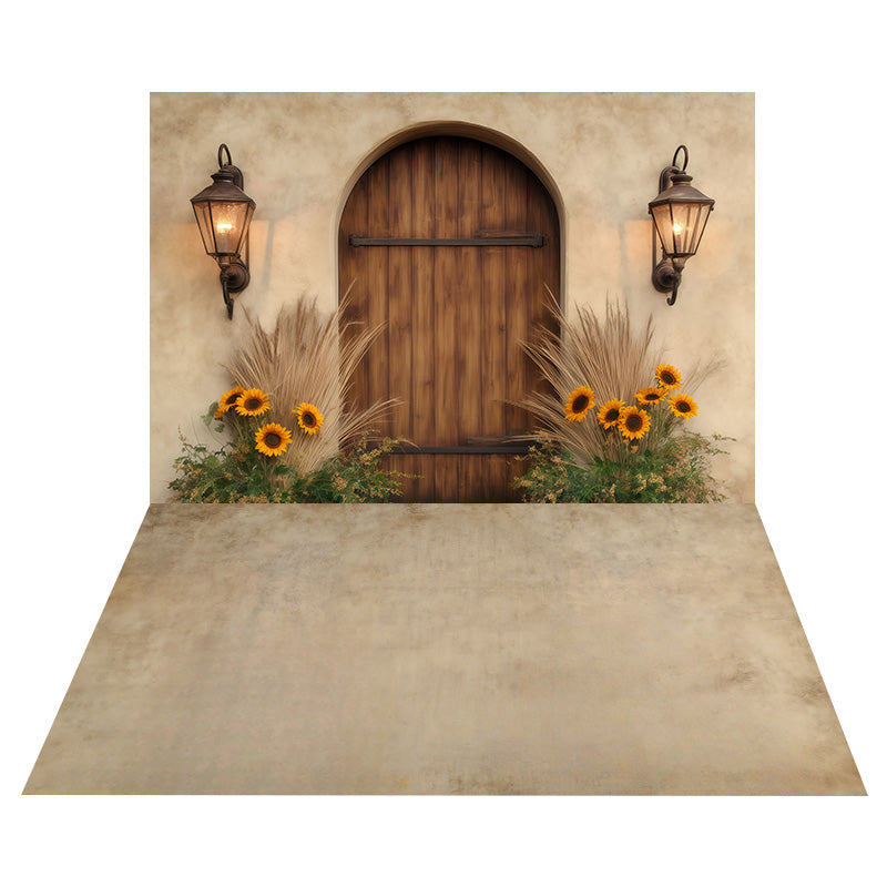 Toile de fond Porte Rustique Tournesols + Sol Texture Beige Vintage MRR8-151