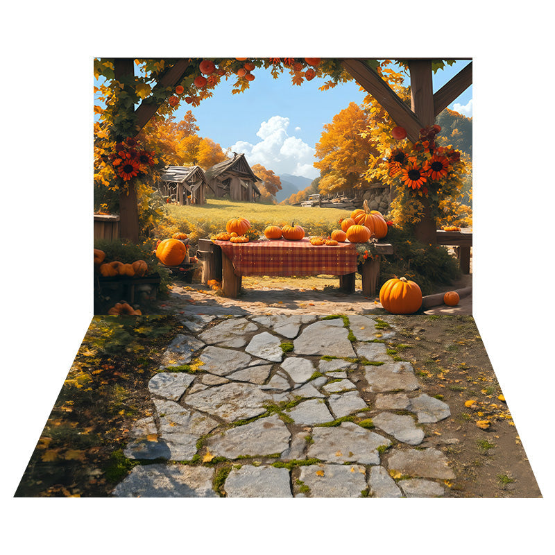 Toile de fond Table Récolte de Citrouilles + Sol Sentier Pierre Mousseuse MRR8-152