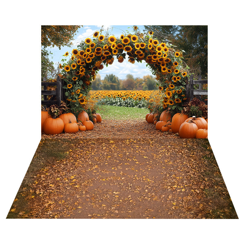 Toile de fond Arche Tournesols Citrouilles + Sol Feuilles d’Automne Éparses MRR8-153