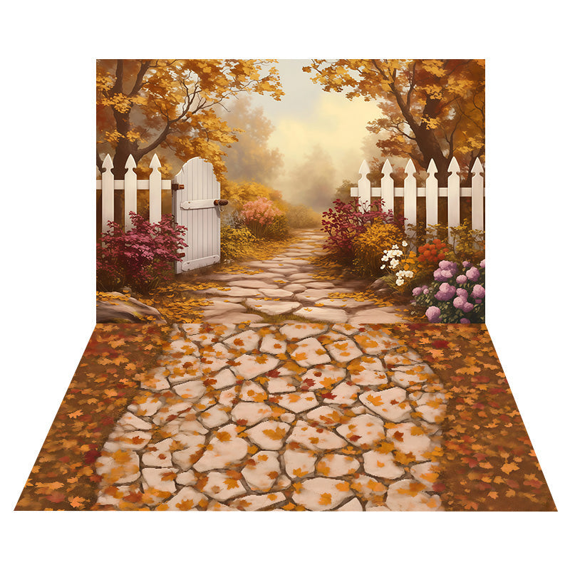 Toile de fond Chemin Clôture Blanche + Sol Pierre Feuilles d’Érable Tombées MRR8-154