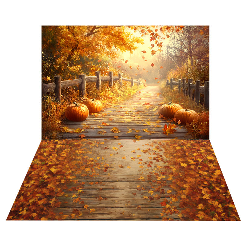 Toile de fond Sentier Automnal Citrouilles + Sol Feuilles d’Automne Tombantes MRR8-155