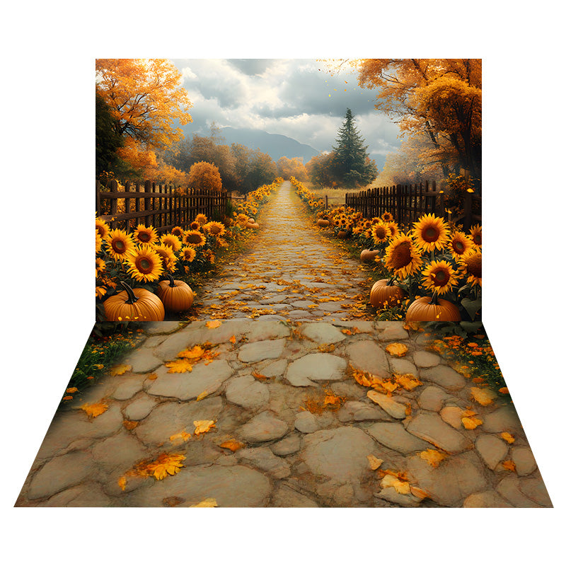 Toile de fond Sentier Tournesols Citrouilles + Sol Pierre Pétales Dorés MRR8-158