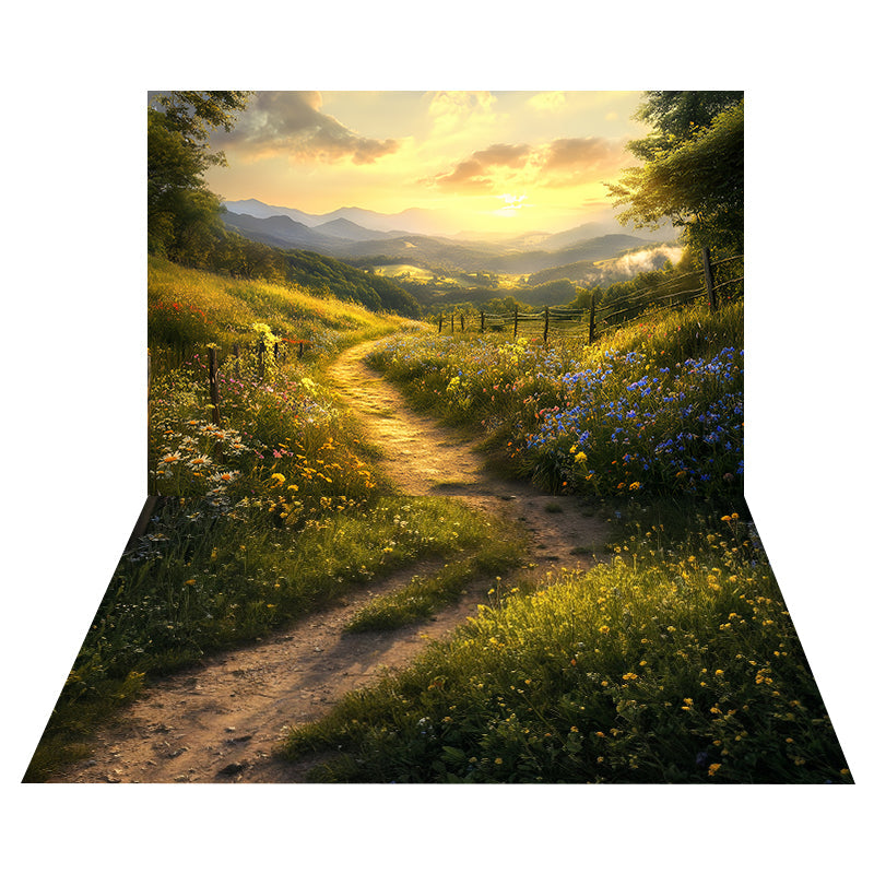 Toile de fond Coucher de Soleil Doré Automnal + Sol Sentier Prairie Fleurie MRR8-159