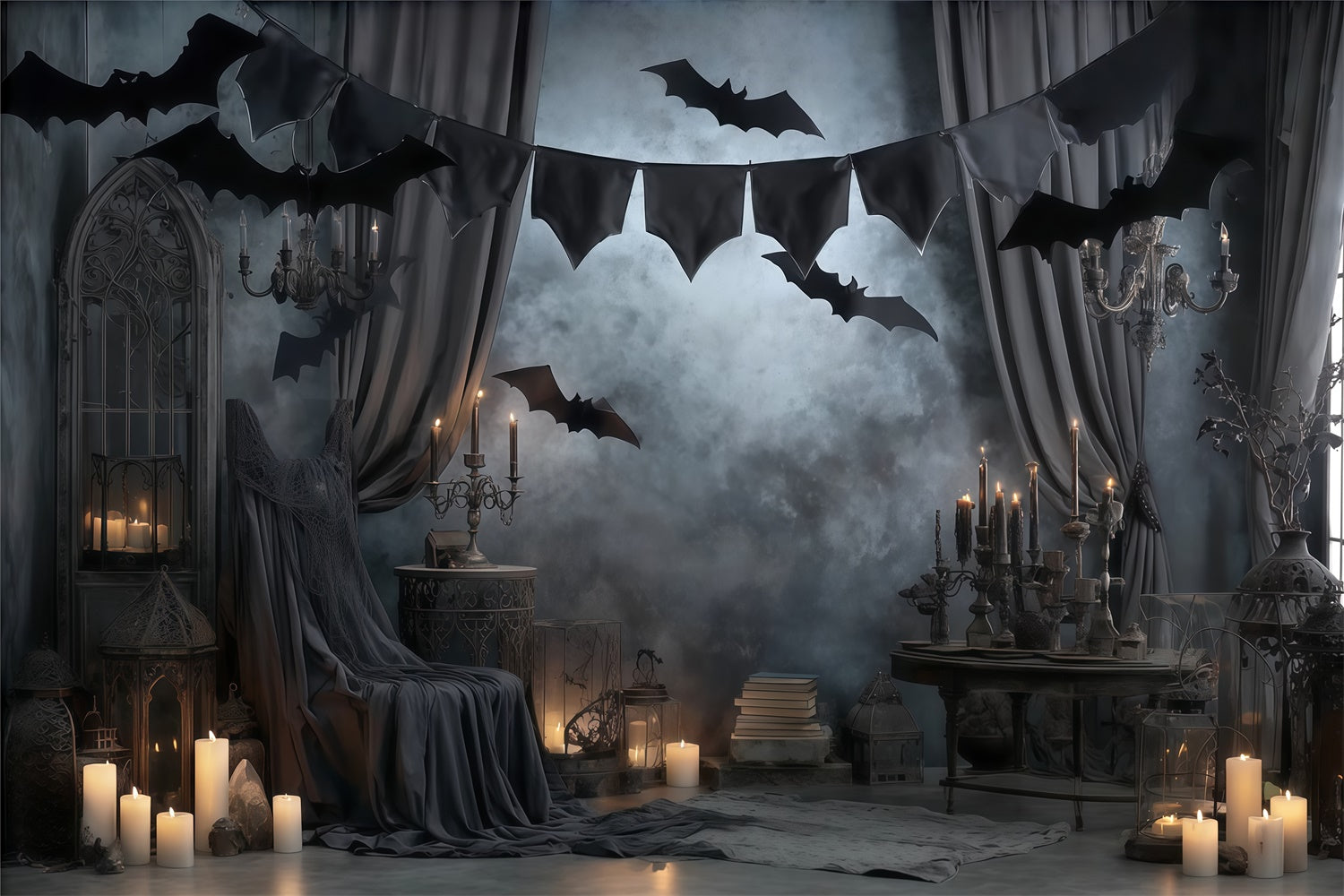 Toile de fond halloween Draperies Gothiques Bougies Chauve-souris MRR8-16