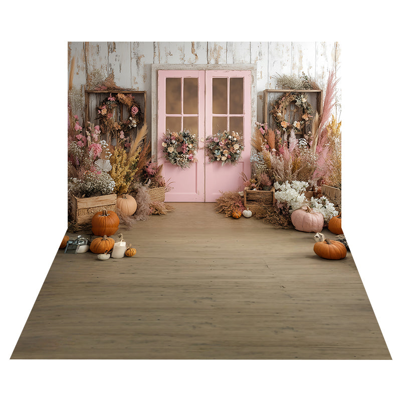 Toile de fond Porte Rustique Rose + Sol Bois Citrouilles Automne MRR8-160