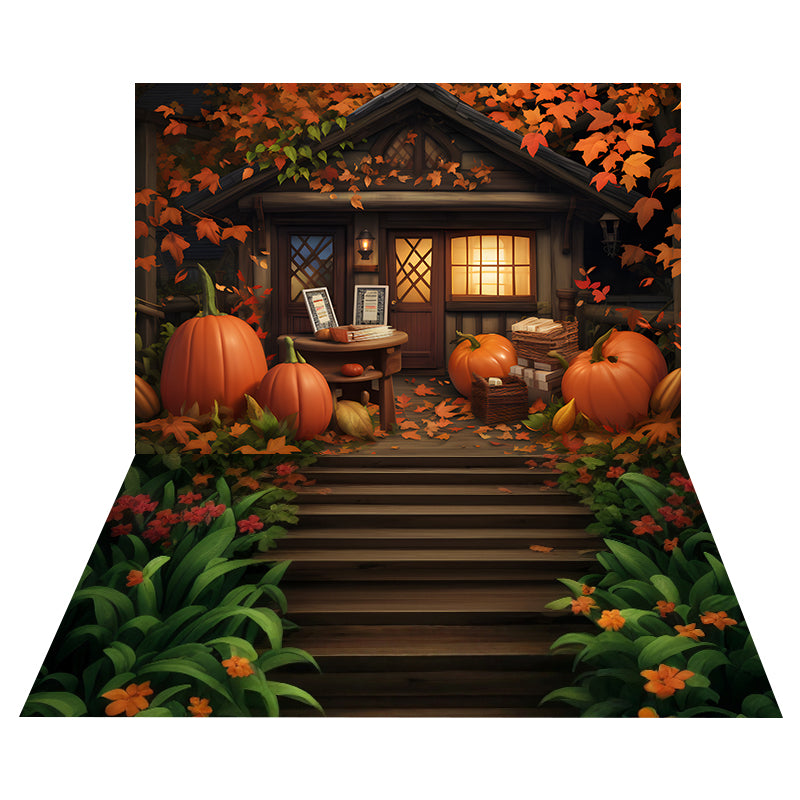 Toile de fond Porche Cottage Citrouilles + Sol Escalier Bois Jardin MRR8-163