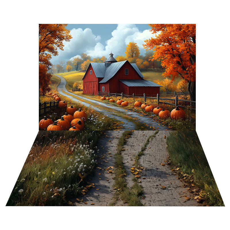 Toile de fond Grange Ferme Citrouilles + Sol Sentier Pierre Rustique MRR8-164