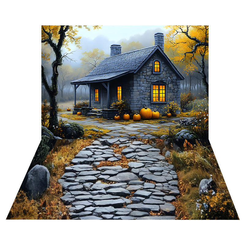 Toile de fond Cabane Pierre Citrouilles + Sol Sentier Roche Automne MRR8-165