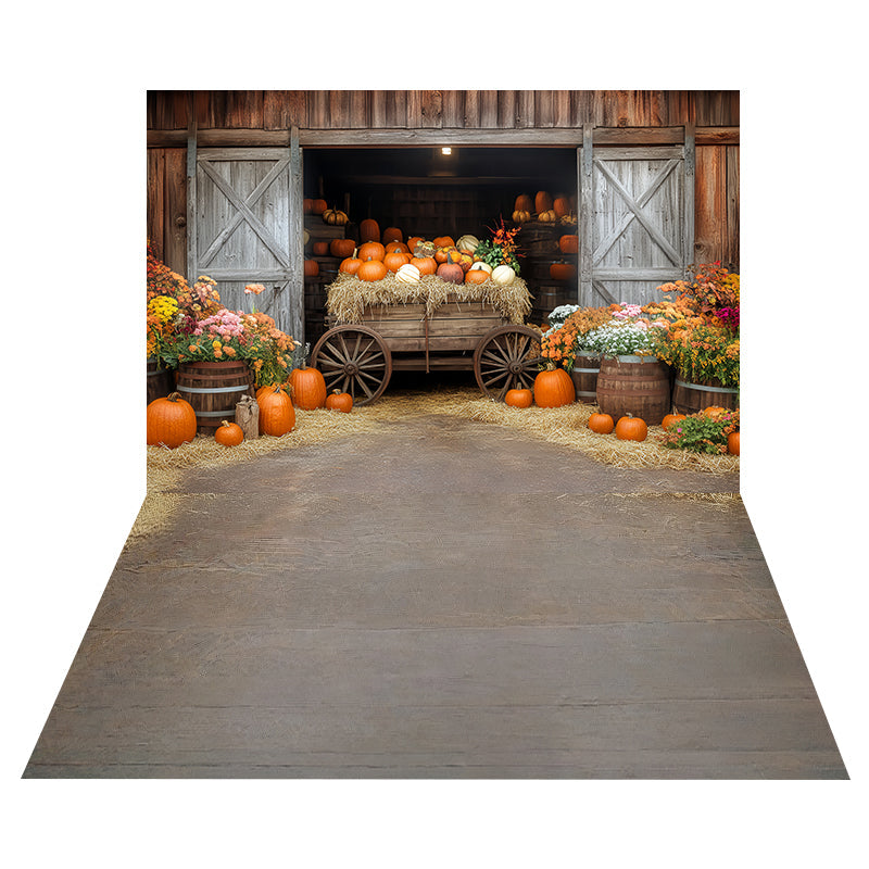 Toile de fond Chariot Récolte de Citrouilles + Sol Bois Gris Vieilli MRR8-166