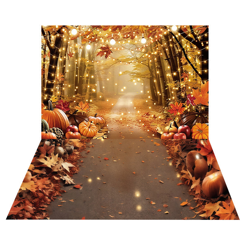 Toile de fond Lumières Forêt Dorée + Sol Feuilles Automne Citrouilles MRR8-167