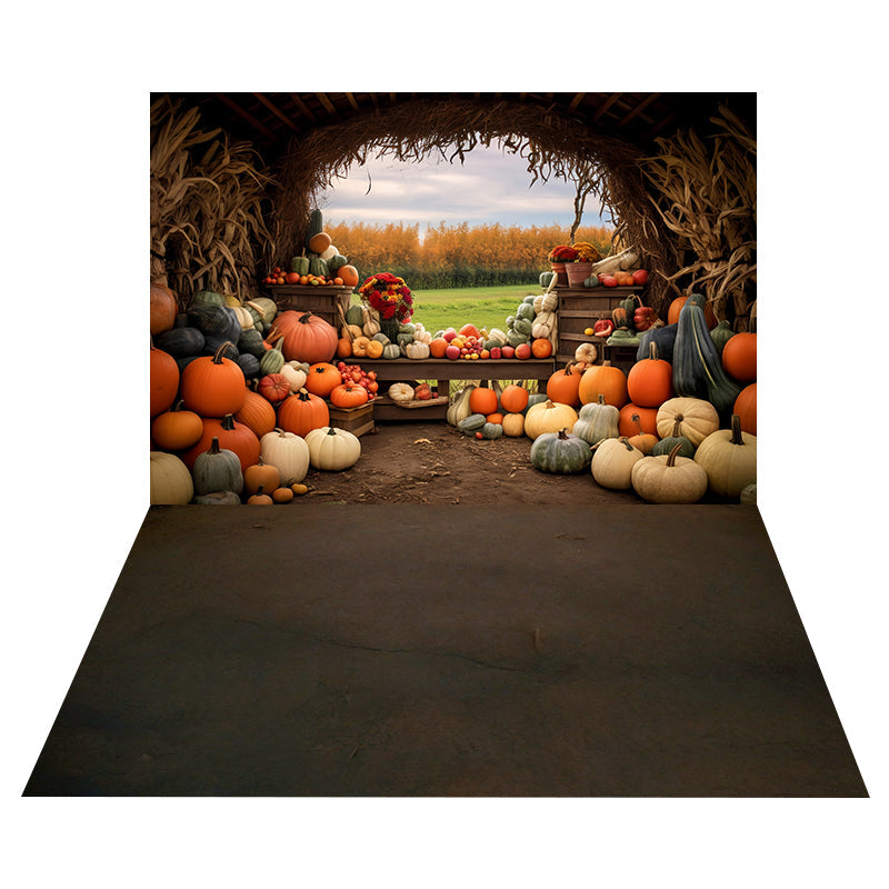 Toile de fond Grange Rustique Citrouilles + Sol Terre Brune Rustique MRR8-170