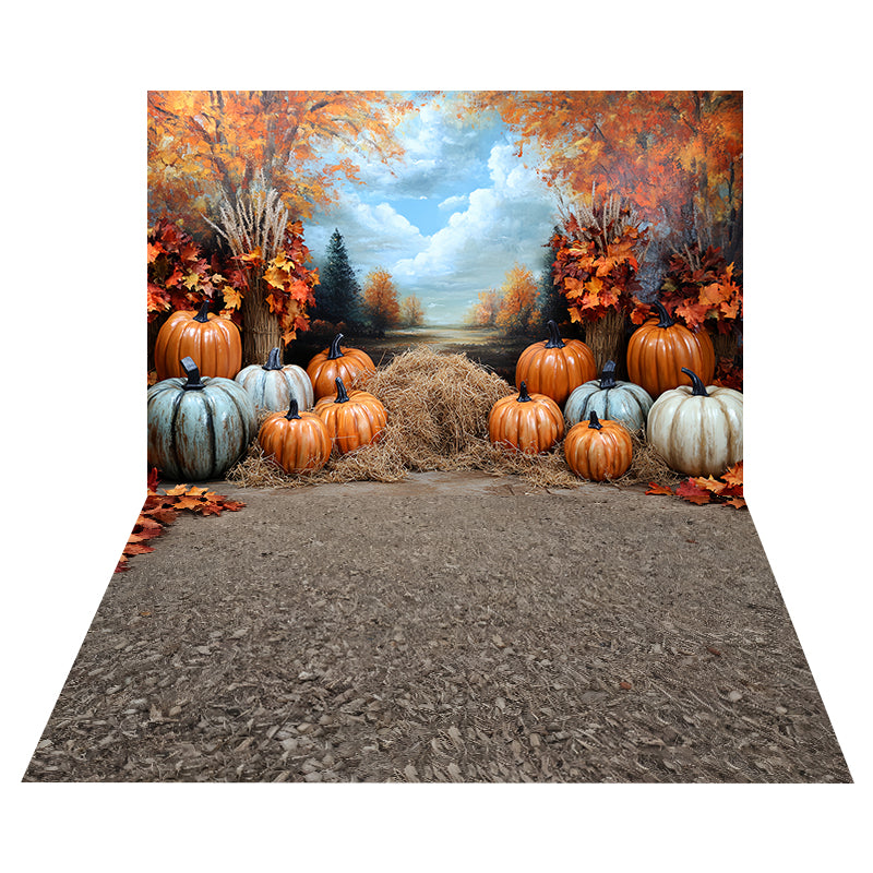 Toile de fond Sentier Récolte Citrouilles + Sol Paille Automne Rustique MRR8-171