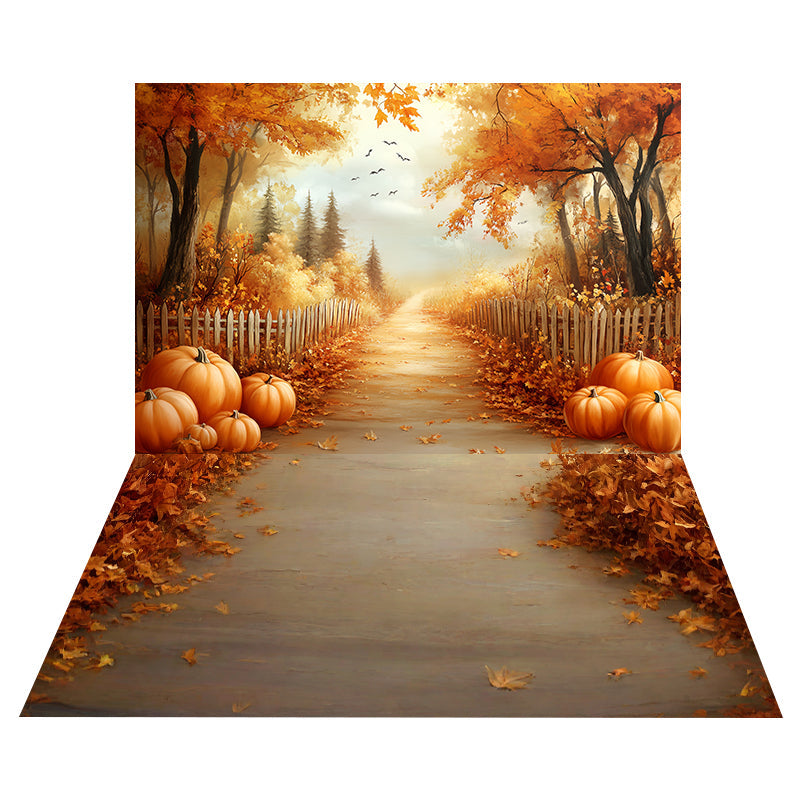 Toile de fond Route Dorée Automnale + Sol Bois Feuilles d’Automne MRR8-172
