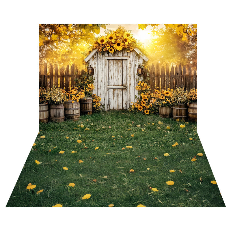 Toile de fond Abri Jardin Tournesols + Sol Herbe Verte Fleurs Jaunes MRR8-173