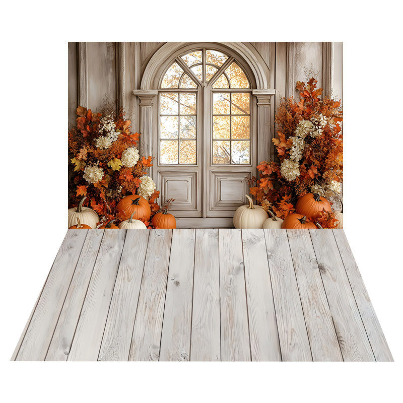 Toile de fond Fenêtre Lumineuse Citrouilles + Sol Planches Bois Blanchi MRR8-174
