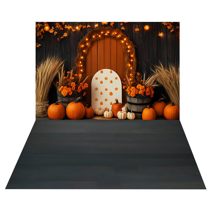 Toile de fond Arche Lumineuse Citrouilles + Sol Bois Rustique Sombre MRR8-175