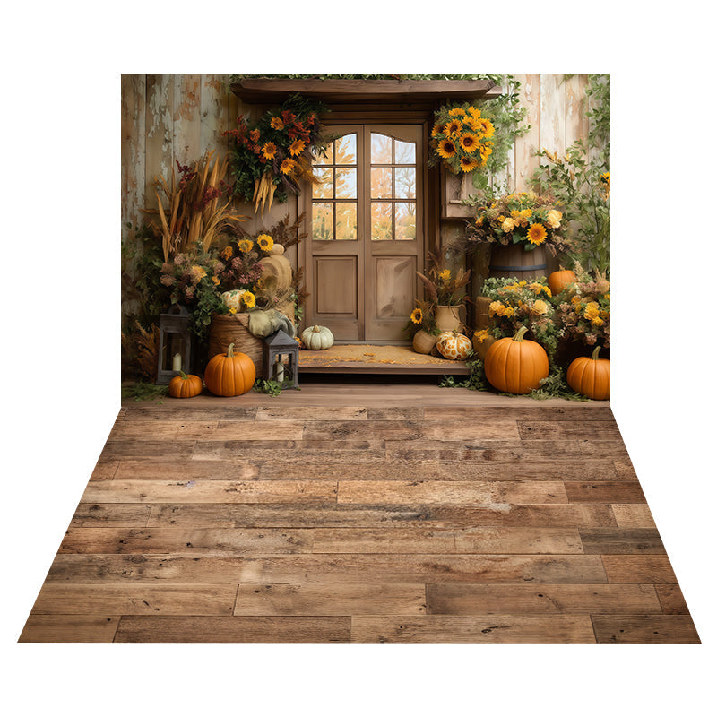 Toile de fond Porte Rustique Tournesols + Sol Planches Chêne Naturel MRR8-176