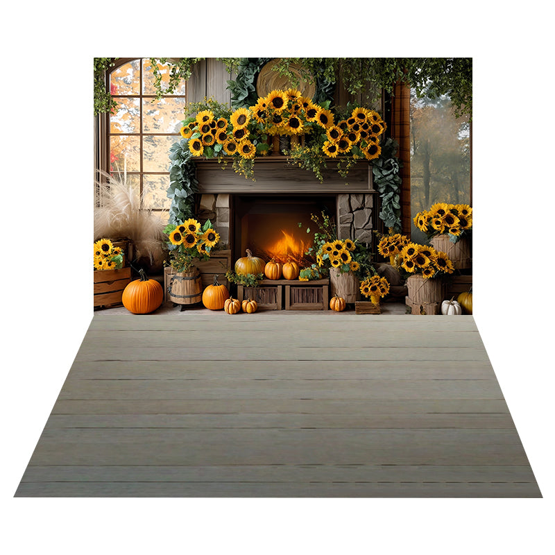 Toile de fond Cheminée Décor Tournesols + Sol Bois Gris Doux MRR8-178