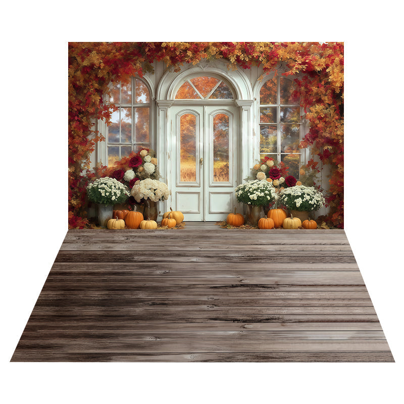 Toile de fond Porte Fleurie Citrouilles + Sol Planches Pin Vieilli MRR8-179