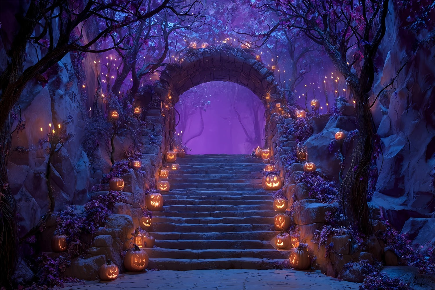 Fond halloween photo Escaliers Forêt Enchantée Violette MRR8-18