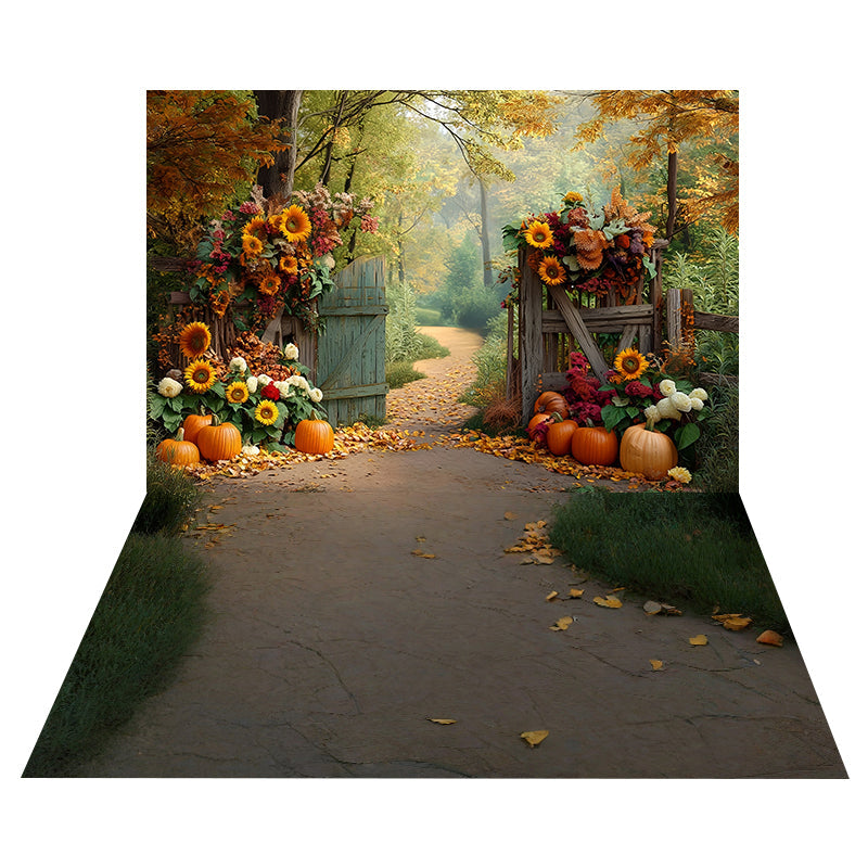 Toile de fond Portail Rustique Tournesols + Sol Sentier Feuilles Automne MRR8-180