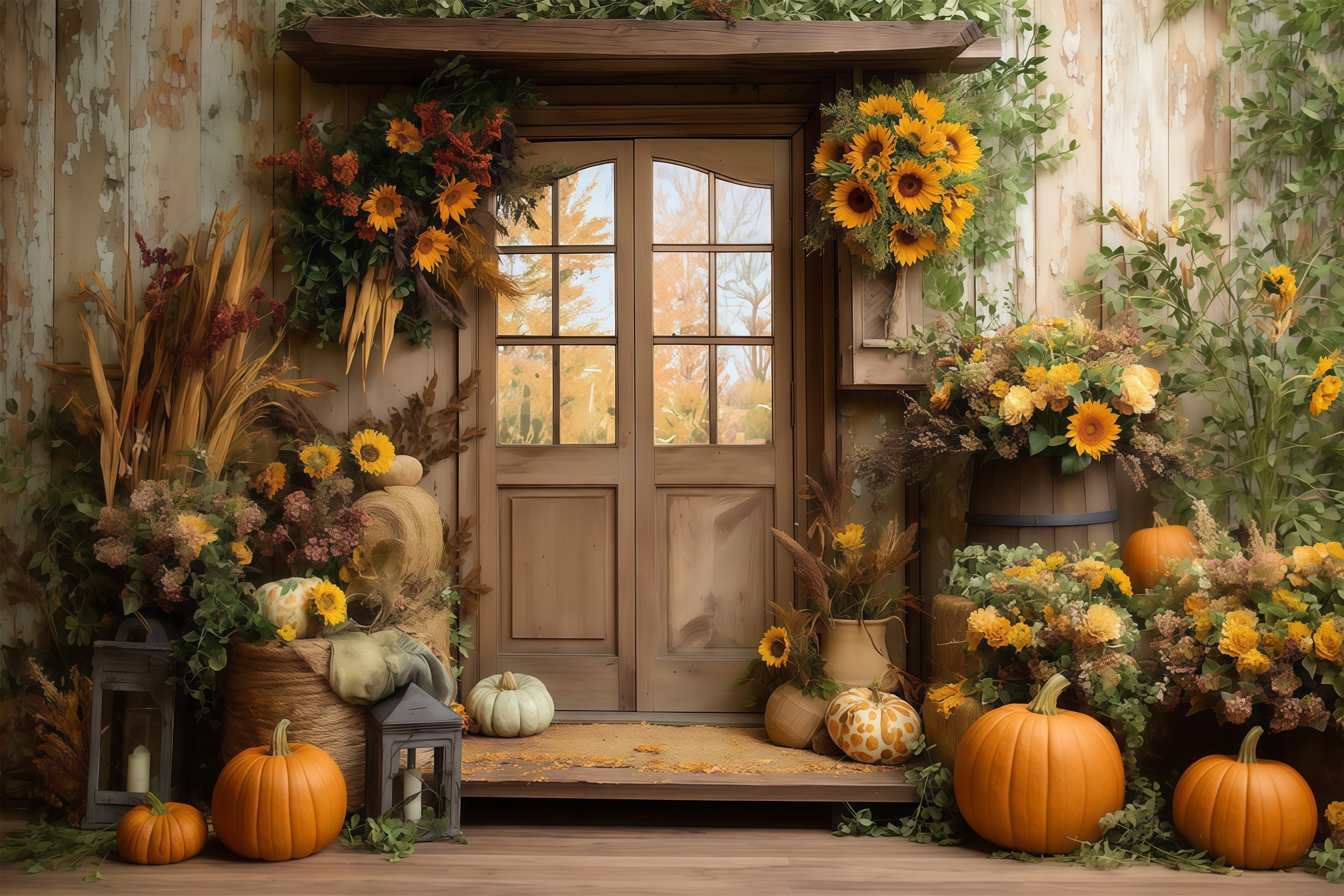 Toile de fond Photo Automne Grange Tournesol Porte Citrouille CSH57-181