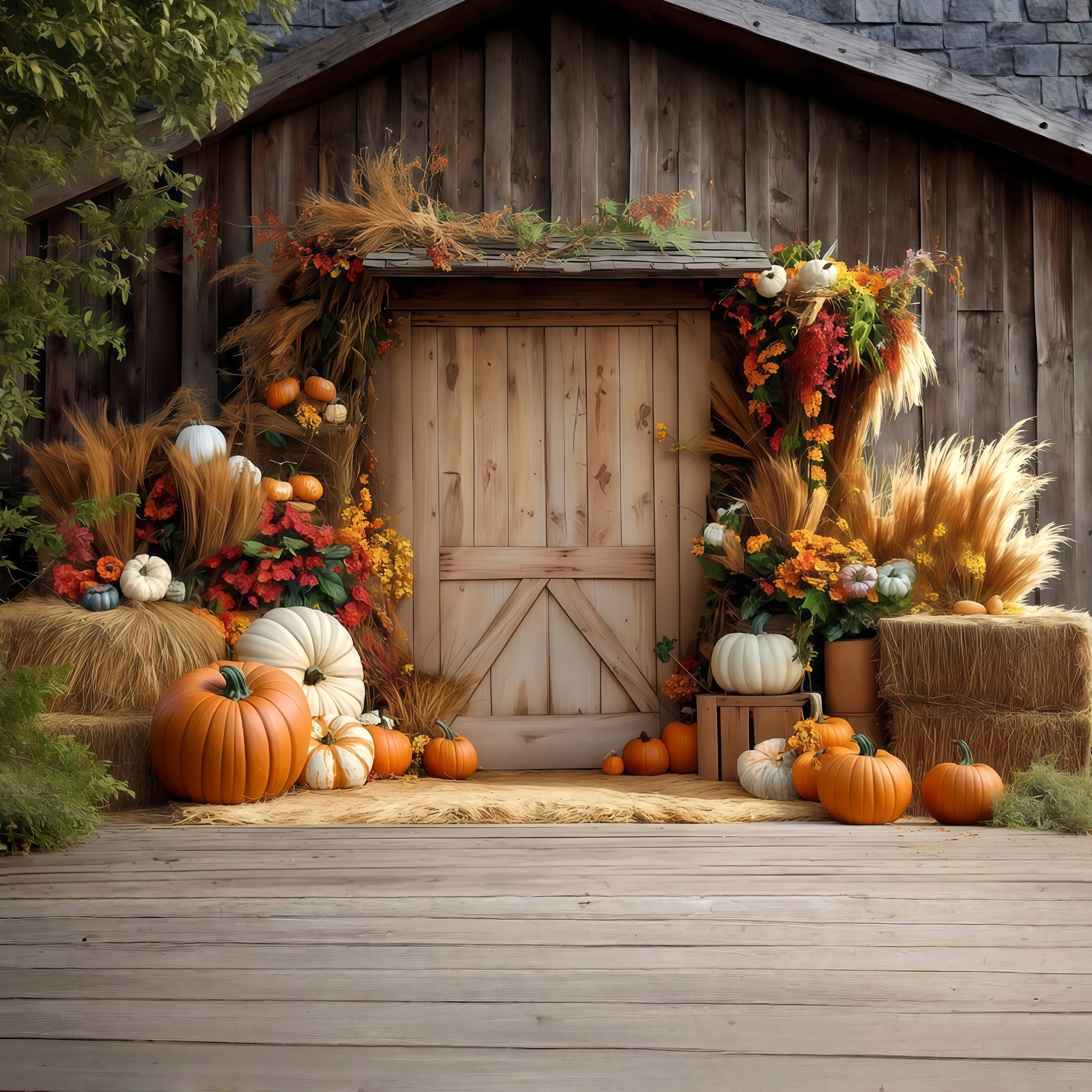 Toile de fond Photo Automne Porte Bois Citrouille Foin Automne CSH57-182